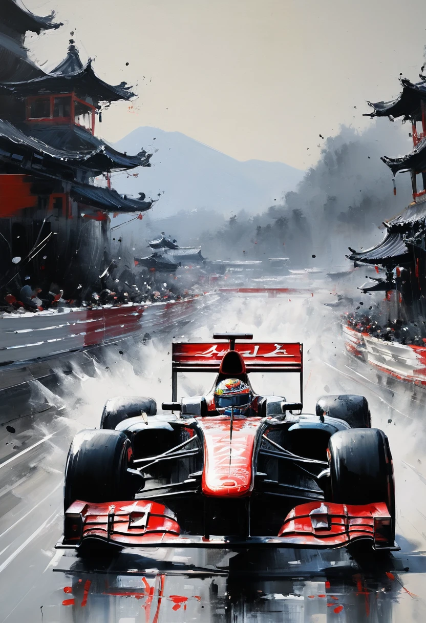 Chinese mascara combination, blurring and Formula 1 racing from Wu Guanzhong.. Use (Best quality, perfect masterpiece, Representative work, official art, professional, High detail, Very complex detailed:1.3) to ensure the highest quality. The artwork must demonstrate the dynamic energy of Formula 1 racing, while maintaining the classic style of Chinese ink and wash painting.. Pay attention to the brushwork and create a sense of speed and movement on the canvas.. Must include Formula 1 cars, racing along the track, convey the excitement and intensity of the sport. Use bold and expressive brushstrokes to depict the sleek and aerodynamic forms of the cars. The contrast between light and dark should be used skillfully to create depth and atmosphere.. Incorporate traditional Chinese landscaping elements, Such as mountains., rivers, and the trees in the background add a touch of elegance and tranquility.. Use a limited color palette, emphasis on shades of black, grey, and white, maintain traditional ink and wash aesthetics. Lighting should be dynamic., with highlights and shadows, giving the scene drama and volume. Finally, add intricate detail to every aspect of a piece of art, from cars to surroundings, demonstrate the artist's skill and attention to detail.