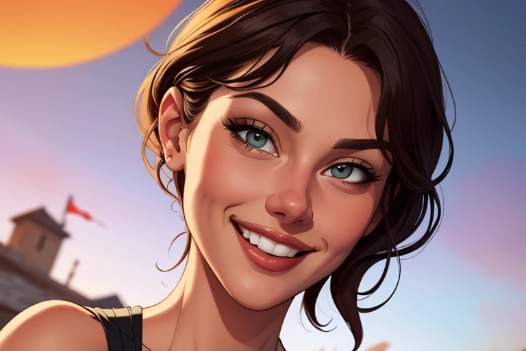 Xena princess warrior portrait mode sensual sesys style Cartoon style digital illustration together boyfriends Cartoon style character portrait mode Character cartoon style facial expression happy beautiful smile and six medium small portrait mode waist up 