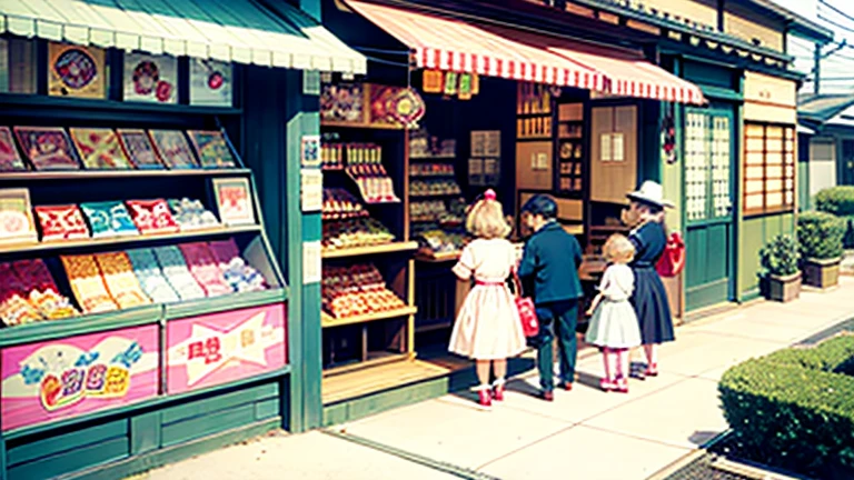 Showa candy shop、Japan candy shop、Sweets and snacks in the store、There are lots of things to play with and play equipment、kite、top、Menco、Marble。Playing、Surprise Ball、pistol、firework、balloon、Beigoma、Model、ミニカなどが並んでいるShowa candy shop、Children and an old woman shopping at a candy store、Children and an old woman shopping at a candy store、Children and an old woman shopping at a candy store、１９６０Around the age of、１９7０Around the age of、 