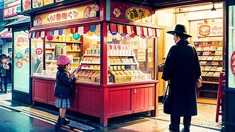 Showa candy shop、Japan candy shop、Sweets and snacks in the store、There are lots of things to play with and play equipment、kite、top、Menco、Marble。Playing、Surprise Ball、pistol、firework、balloon、Beigoma、Model、ミニカなどが並んでいるShowa candy shop、Children and an old woman shopping at a candy store、Children and an old woman shopping at a candy store、Children and an old woman shopping at a candy store、１９６０Around the age of、１９7０Around the age of、 