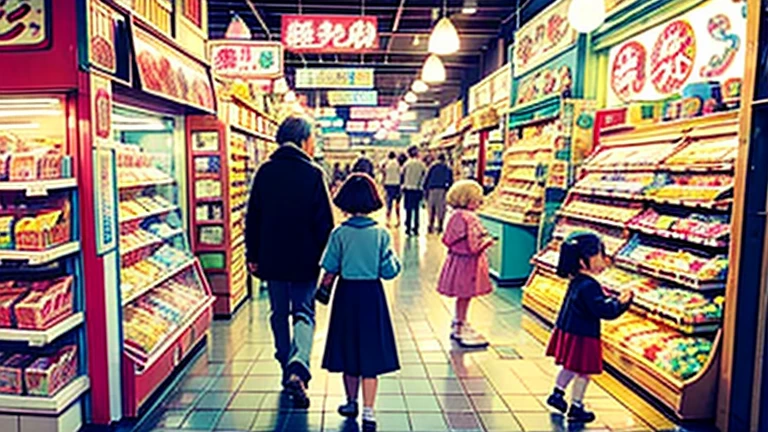 Showa candy shop、Japan candy shop、Sweets and snacks in the store、There are lots of things to play with and play equipment、kite、top、Menco、Marble。Playing、Surprise Ball、pistol、firework、balloon、Beigoma、Model、ミニカなどが並んでいるShowa candy shop、Children and an old woman shopping at a candy store、Children and an old woman shopping at a candy store、Children and an old woman shopping at a candy store、1960Around the age of、1970Around the age of、