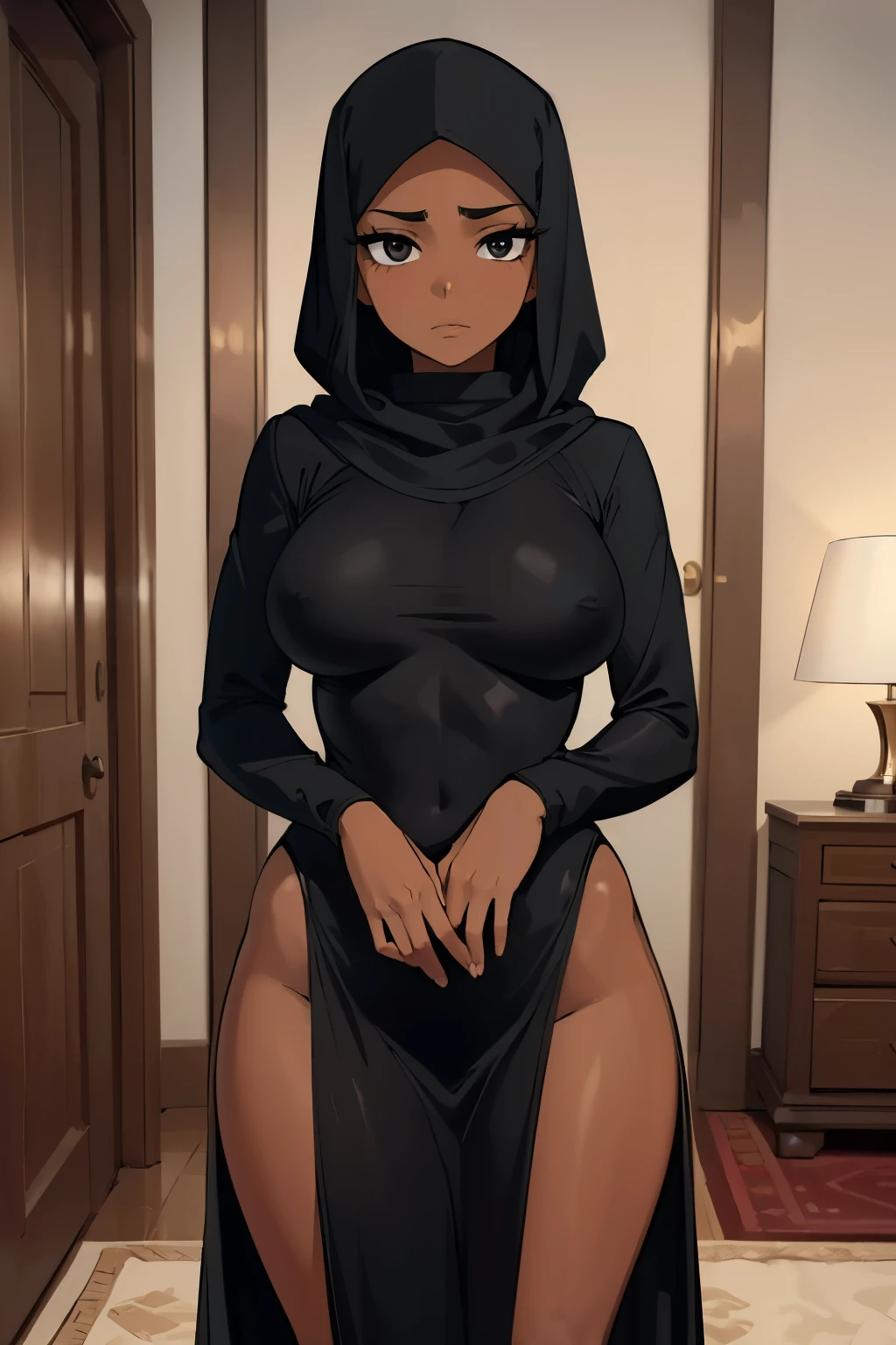 (Masterpiece, Best quality:1.3), dark brown skin, arab, (hijab), seductive look, shy, has a deep secret, viewer_pov, long black dress, longsleeve, full black bodysuit, closed dress, black eyes