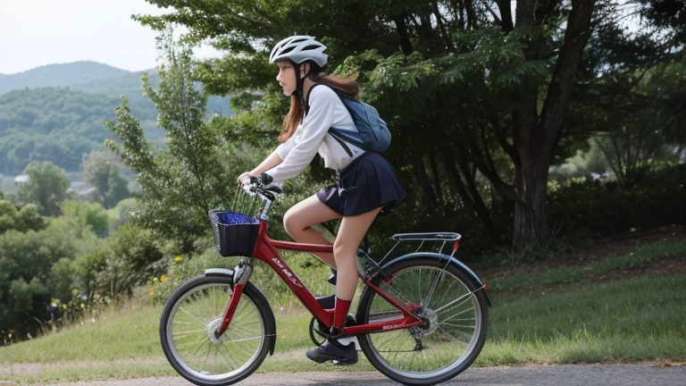 High school girl riding a bicycle down a slope