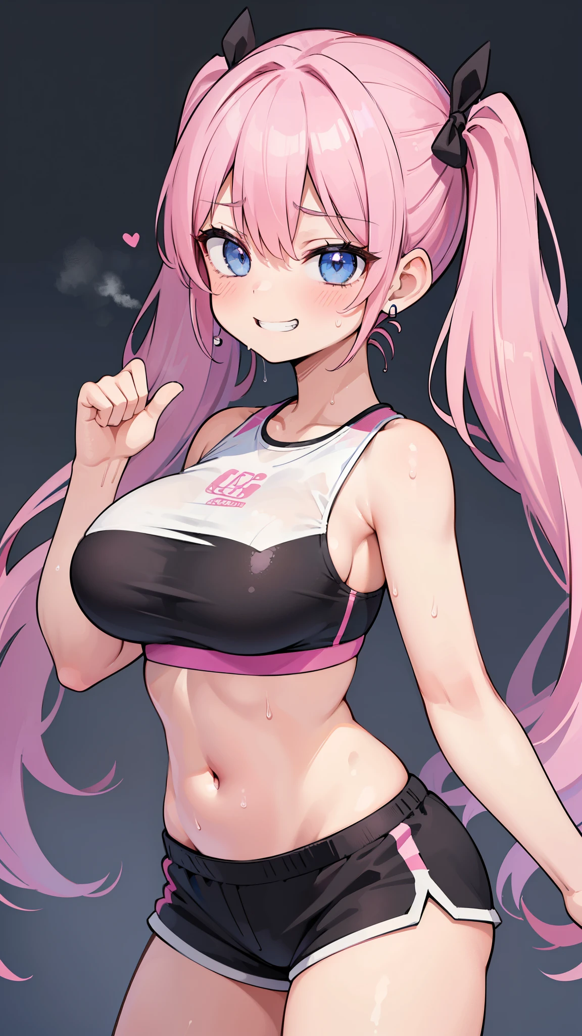 (masterpiece、highest quality、Super detailed)、((One girl))、((Pink Hair))、((Twin tails))、((Light blue eyes))、evil smile、((Grin))、((Sweat))、Earrings、((Very large breasts))、((black sports bra))、((black sports short shorts))、Cowboy Shot、Sports gym background