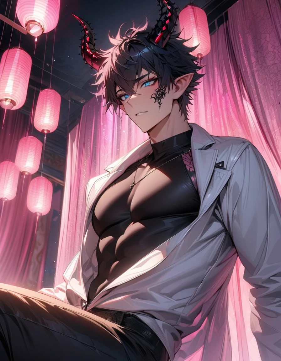 absurdres, highres, ultra detailed, HDR, masterpiece, extremely detailed face and eyes, Ren Zotto, black hair, expressive blue eyes, black horns, pointy ears, Vtuber, solo, sexy man, handsome, pink roses, pink curtains, shining pink lanterns, pink moon, white jacket, black shirt, black pants, patterns