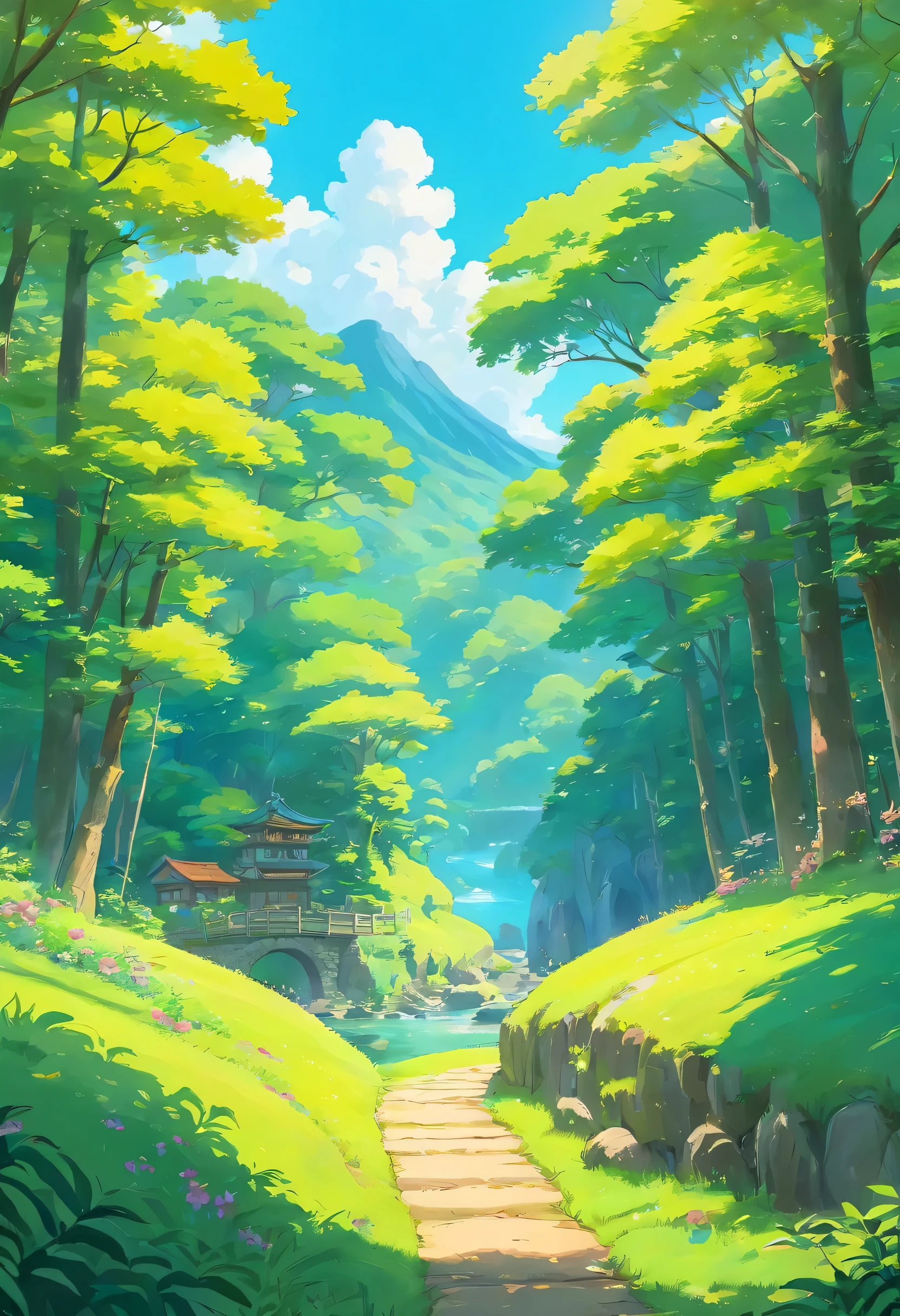 A serene landscape featuring a tranquil anime-inspired scene. The artwork should depict a peaceful natural setting with vibrant, saturated colors. Think of a lush, colorful forest with a gentle stream flowing through it, illuminated by warm sunlight.