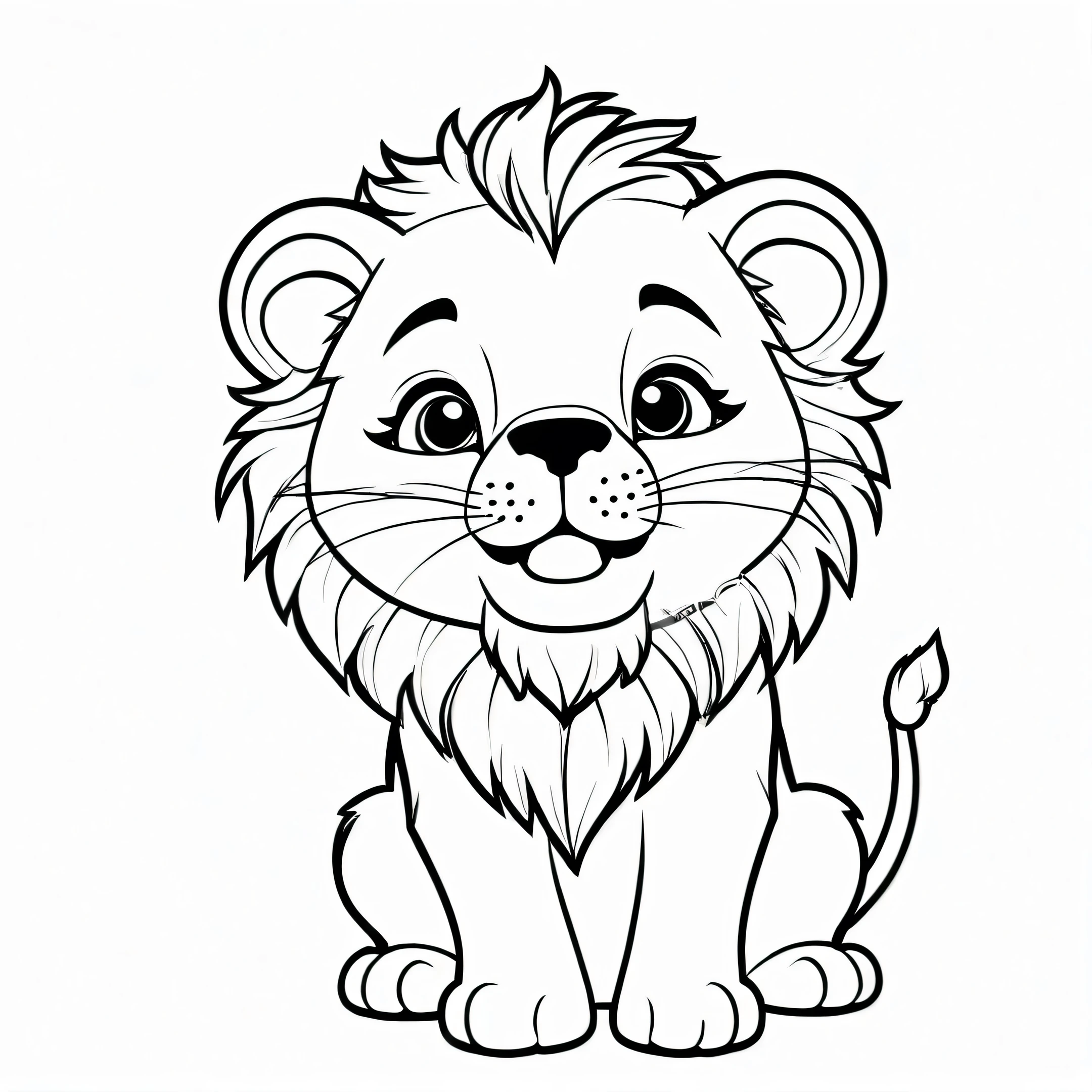Cute and adorable lion., Coloring page for kids, feliz, sonriente, vector art, minimalista, vector 2d, black lines Fondo blanco, Dibujo para colorear para principiantes, vector illustration, ink strokes, no color, Dibujo para colorear, Fondo blanco, estilo pixar, en blanco y negro