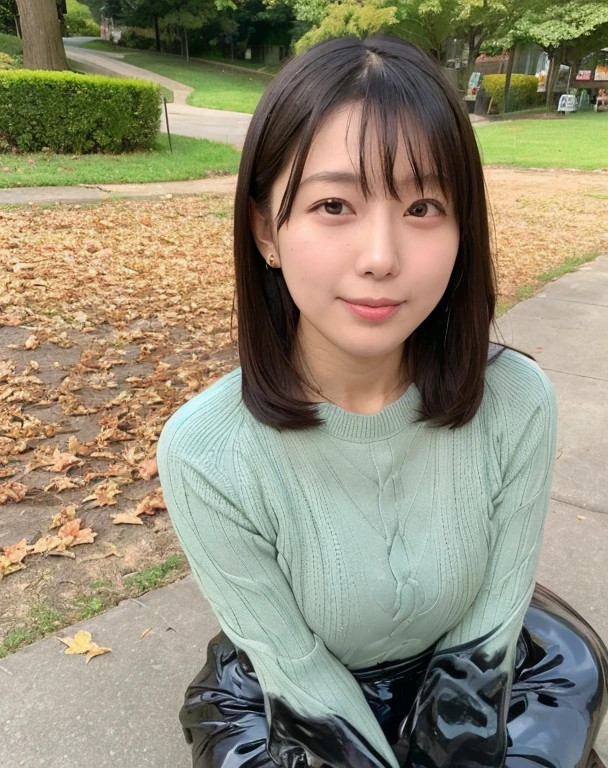 Exposed underwear,knitted sweater,cleveage,Wearing black lace underwear,black slime shapeshifter,looking at the audience, Black underwear、cleveage,Long hair,170 cm,Slime Girl ,Pretty Face,cute appearance,Be confident,Upper body melting slime,In the park,There are many maple leaves,autumn,(Full body portrait:1.0)