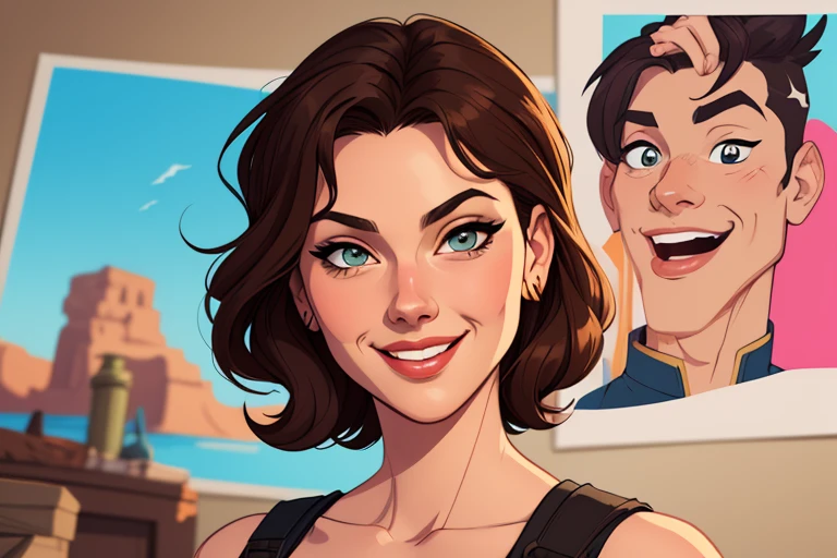 Xena princess warrior portrait mode sensual sesys style Cartoon style digital illustration together boyfriends Cartoon style character portrait mode Character cartoon style facial expression happy beautiful smile and six medium small portrait mode waist up