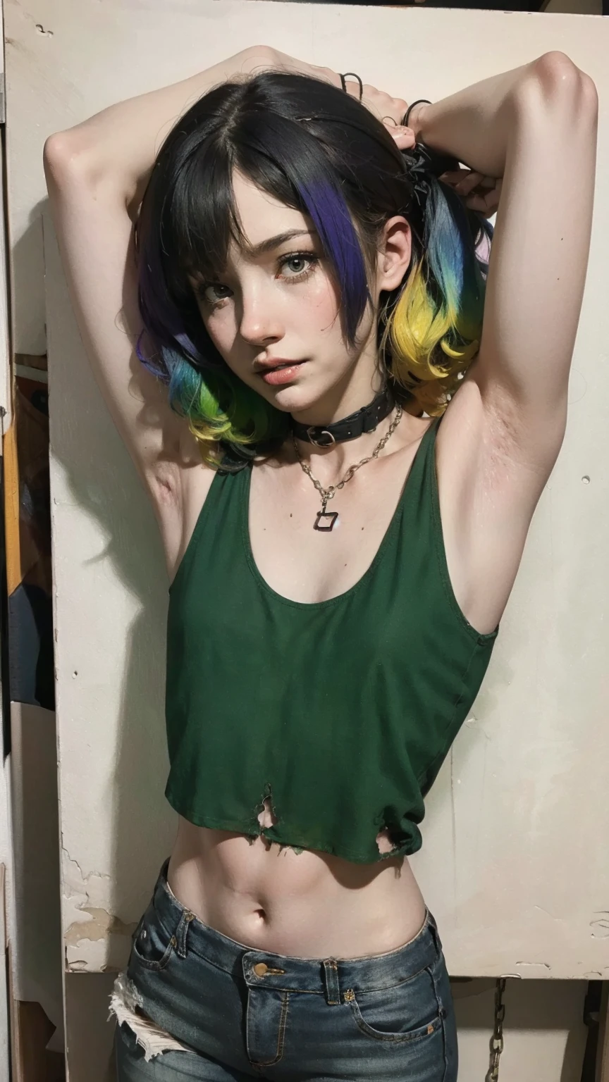 Black and white painting of the highest quality, High resolution,(A frame made of chains and ruins),pretty girl、Small eyes、(Flat Chest), ((Odd colored hair,green,purple,yellow)), beautiful、、Tattered denim pants、Tattered black tank top、Circus、Collar with a large chain、Clown、Bold Pose