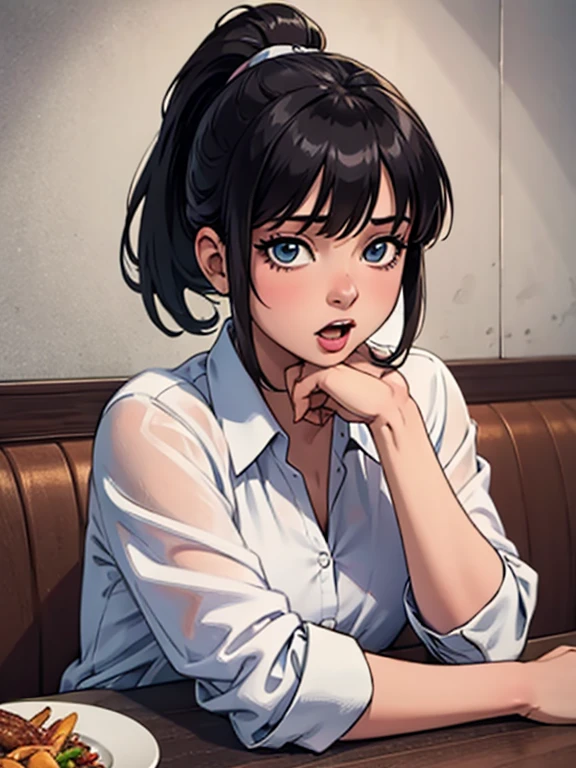 （（super high quality,Ultra-high resolution,4K,8k,super masterpiece,Ultra HD））,Dimly lit bedroom,On the bed,Lying down,One sexy woman,（popped collar White shirts）,High collar,Tight collar,Black hair straight short,Sharp Eyes,Ahegao,smile,blush,sexy,Pearl Earrings,Pearl Necklace,wedding ring,Put your hands on your head,Sweaty,Spread your legs,Big penis,Penis insertion,semen,Drooling,Hold the cell phone to your ear,