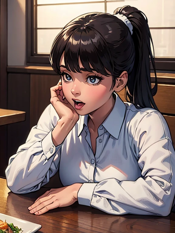 Girl with short ponytail wearing formal suit lying on restaurant table,  Clear Eyes, Perfect body,  (Looking down at the viewer:0.8), (Purelos Face_v1:0.2), Removable sleeves, Open your mouth, bangs, One girl, Shiny skin, (masterpiece;1.0), (Realistic:1.4), (Sharp focus:1.2), 