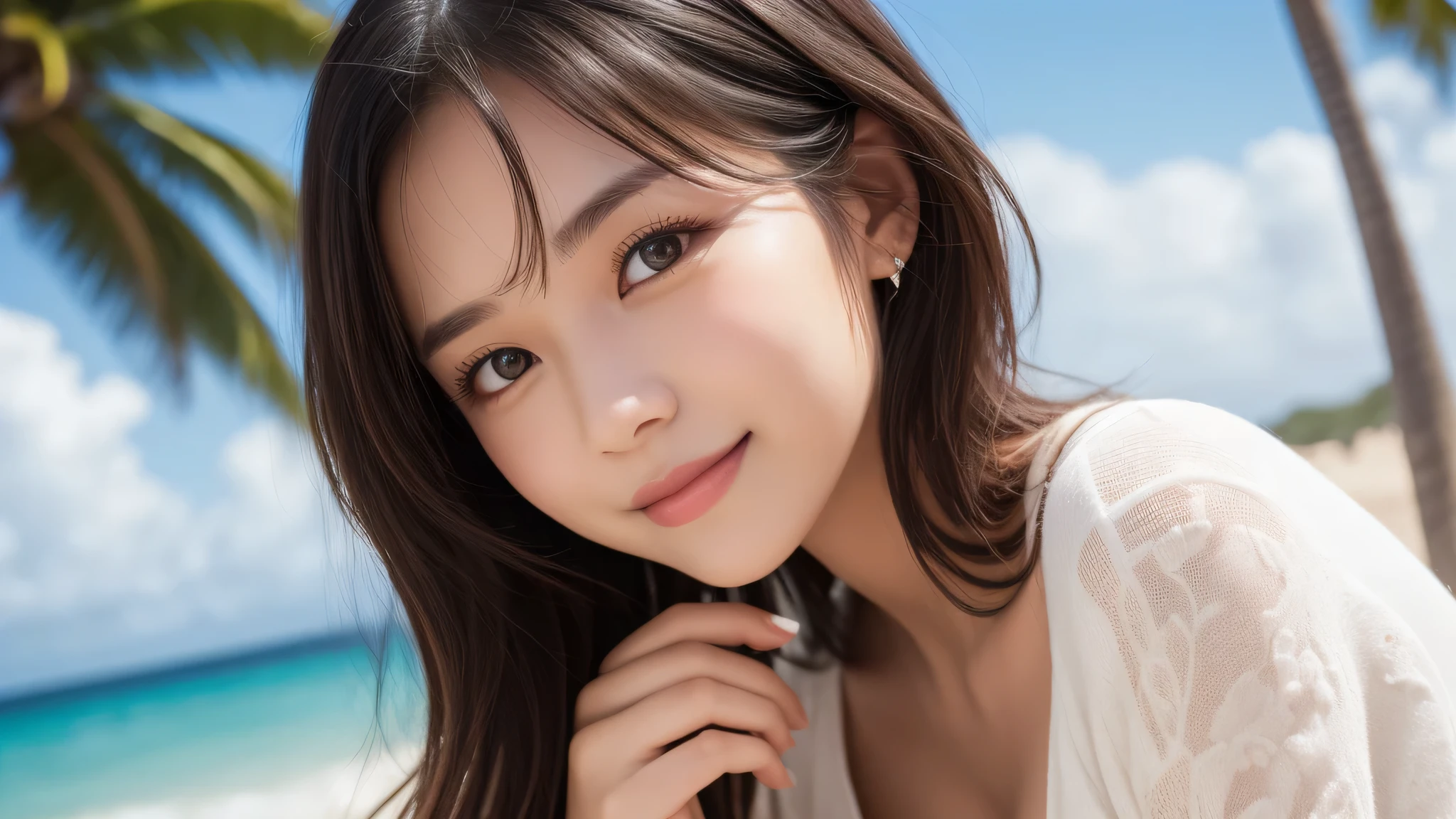 (2girl), enchanting smile, (extremely detailed beautiful face), (highly detailed eyes, highly detailed face), (mid bob hair), (bikini, cleavage), Fresh, very clean appearance, (best Quality:1.4), (hyper-realistic, hight resolution), Professional Photography, beach, palm trees, standing, Outdoors, (beach), beautiful bule sky, Close up portrait of girl, hoodie with open chest, staring at me,