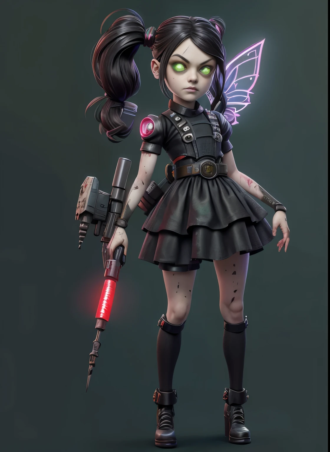 masterpiece, highres, an image of a beautiful cyberpunk  Mila Kunis fairy goth robot, green eyes, red wine hair best quality, 8k, best quality, ultra-detailed,1girl, , 6 years old, solo, 1girl, lilsis, dirty, blood, blood muddy dress, black hair, dress, horror \(theme\), solo, glowing eyes,full body, creepycute, (house:1.4)