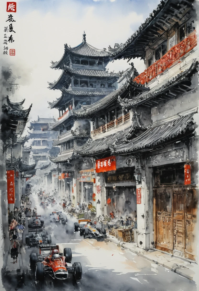 In Guangzhou, ink and wash, f1 гонки, (Best quality, perfect masterpiece, Representative work, official art, professional, High detail, Very complex detailed:1.3)