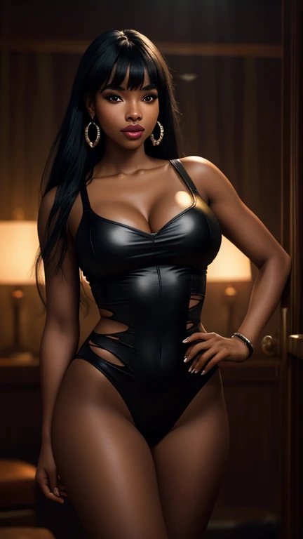 Ultra realistic, cinematic lights, real black girl, 16K, best quality, High resolution, hot atmosphere, dream atmosphere, 1 girl, 18 years old, long black hair, cute bangs over the forehead, cute eyes, sexy eyes look, cute pretty face, beautiful makeup, pretty lips, realistic skin, skin being brightened, perfect shading, wearing a sexy outfit, earrings, fit slim body, big natural breasts, realistic slim hot body, hot girl, seductive, sensual posture, big hips, thick legs, torn clothes, realistic textures, blurred background, Depth, dream aesthetic, Atmosphere of dream, cinematic lighting.