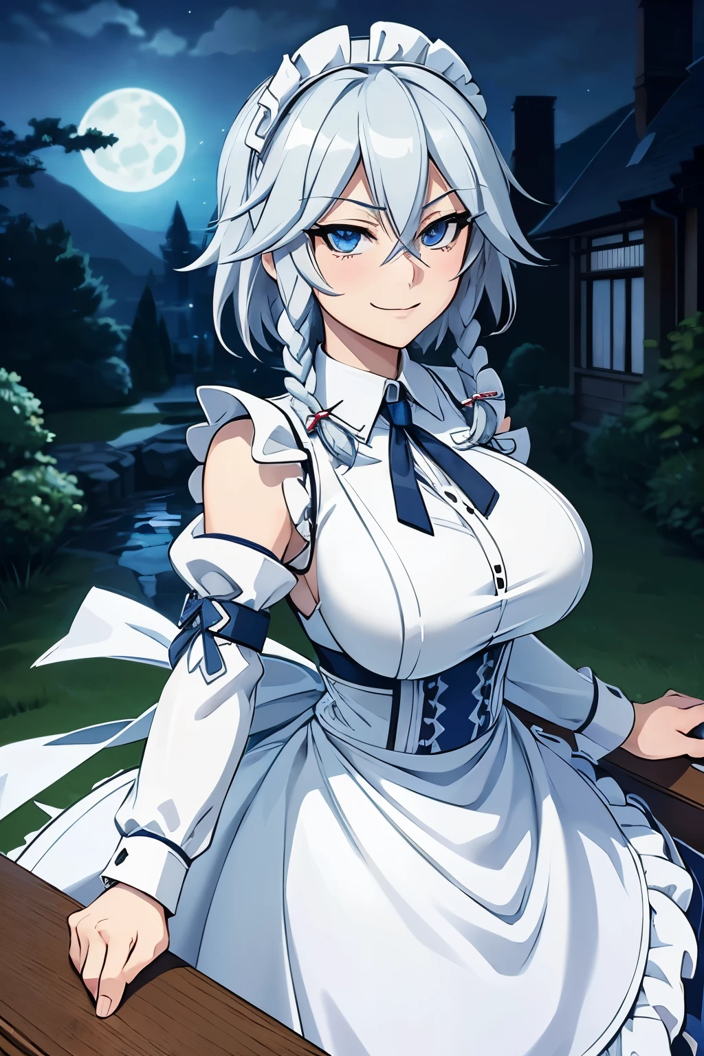 (masterpiece, official art), 1girl, solo, white hair, side braids, blue eyes, (sakuya izayoi:1.2), (maid dress), (closeup), portrait, (maid), standing, view from front, in mansion, gensokyo, at night, dark, moonlight, looking at viewer, (upper body), smile, seductive, alluring attire, slim, huge breasts