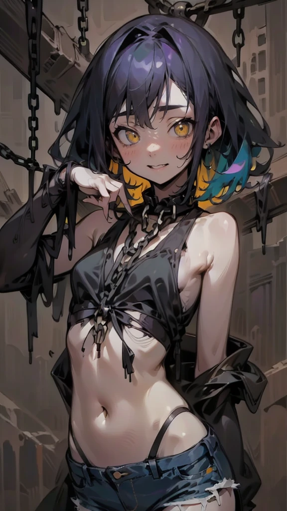 Black and white painting of the highest quality, High resolution,(A frame made of chains and ruins),pretty girl、Small eyes、(Flat Chest), ((Odd colored hair,green,purple,yellow)), beautiful、、Tattered denim pants、Tattered black tank top、Circus、Collar with a large chain、Clown、Bold Pose