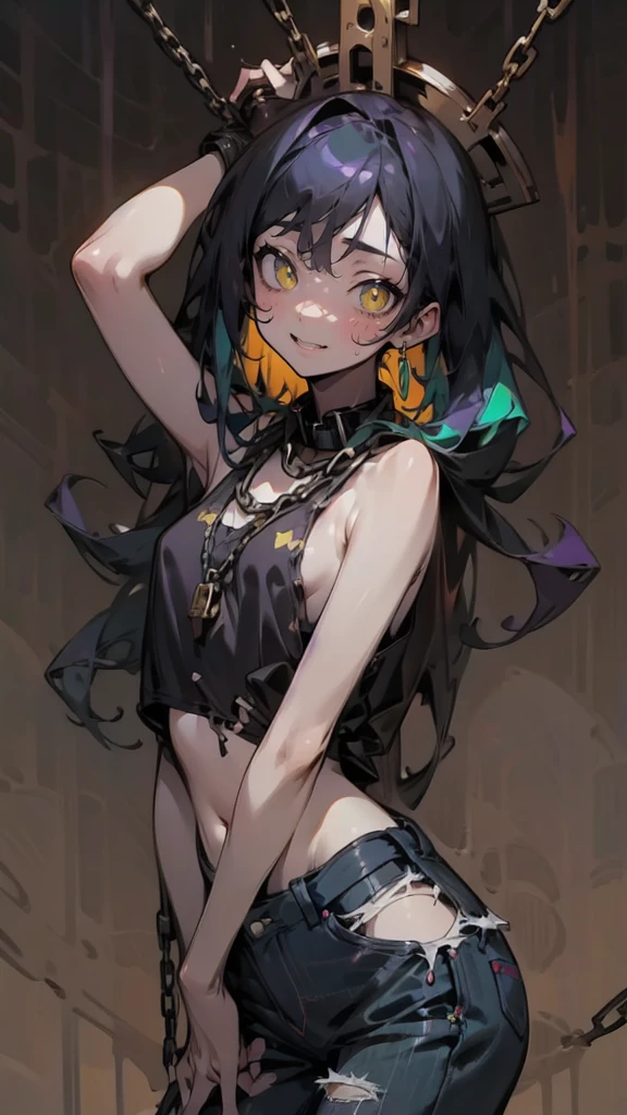 Black and white painting of the highest quality, High resolution,(A frame made of chains and ruins),pretty girl、Small eyes、（Flat Chest）, ((Odd colored hair,green,purple,yellow)), beautiful、、Tattered denim pants、Tattered black tank top、Circus、Collar with a large chain、Clown、Bold Pose
