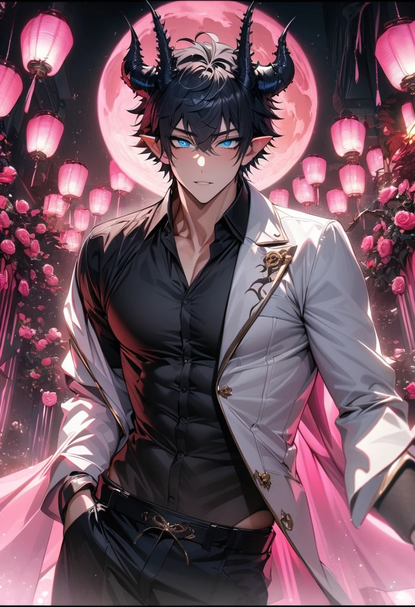absurdres, highres, ultra detailed, HDR, masterpiece, extremely detailed face and eyes, Ren Zotto, black hair, expressive blue eyes, black horns, pointy ears, Vtuber, solo, sexy man, handsome, pink roses, pink curtains, shining pink lanterns, pink moon, white jacket, black shirt, black pants, patterns