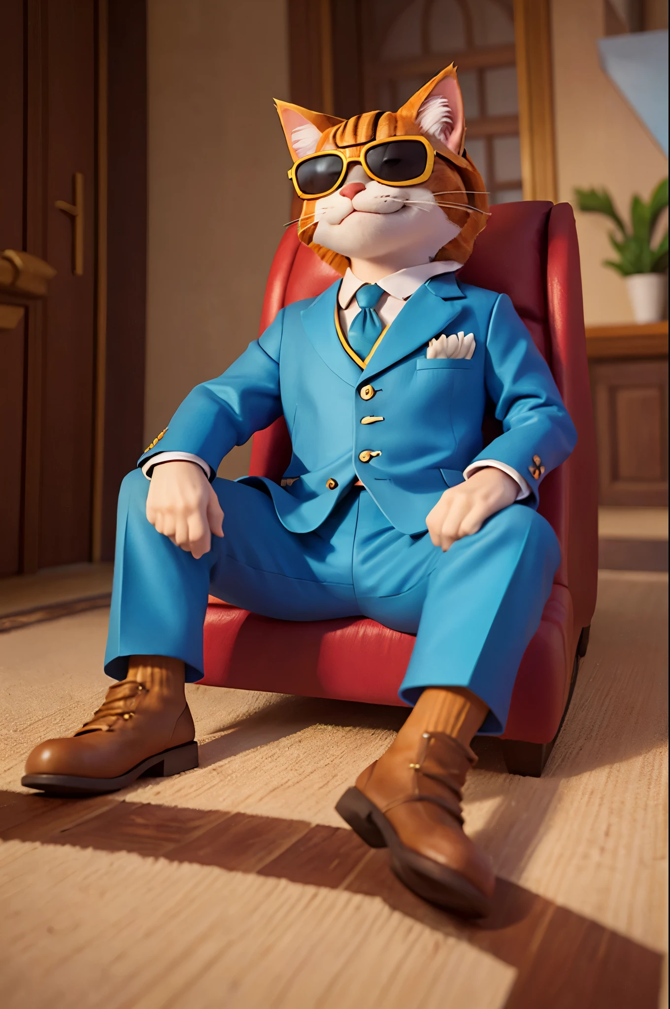 cat in a pimp suit wearing sunglasses, sitting in his mansion, looking devious