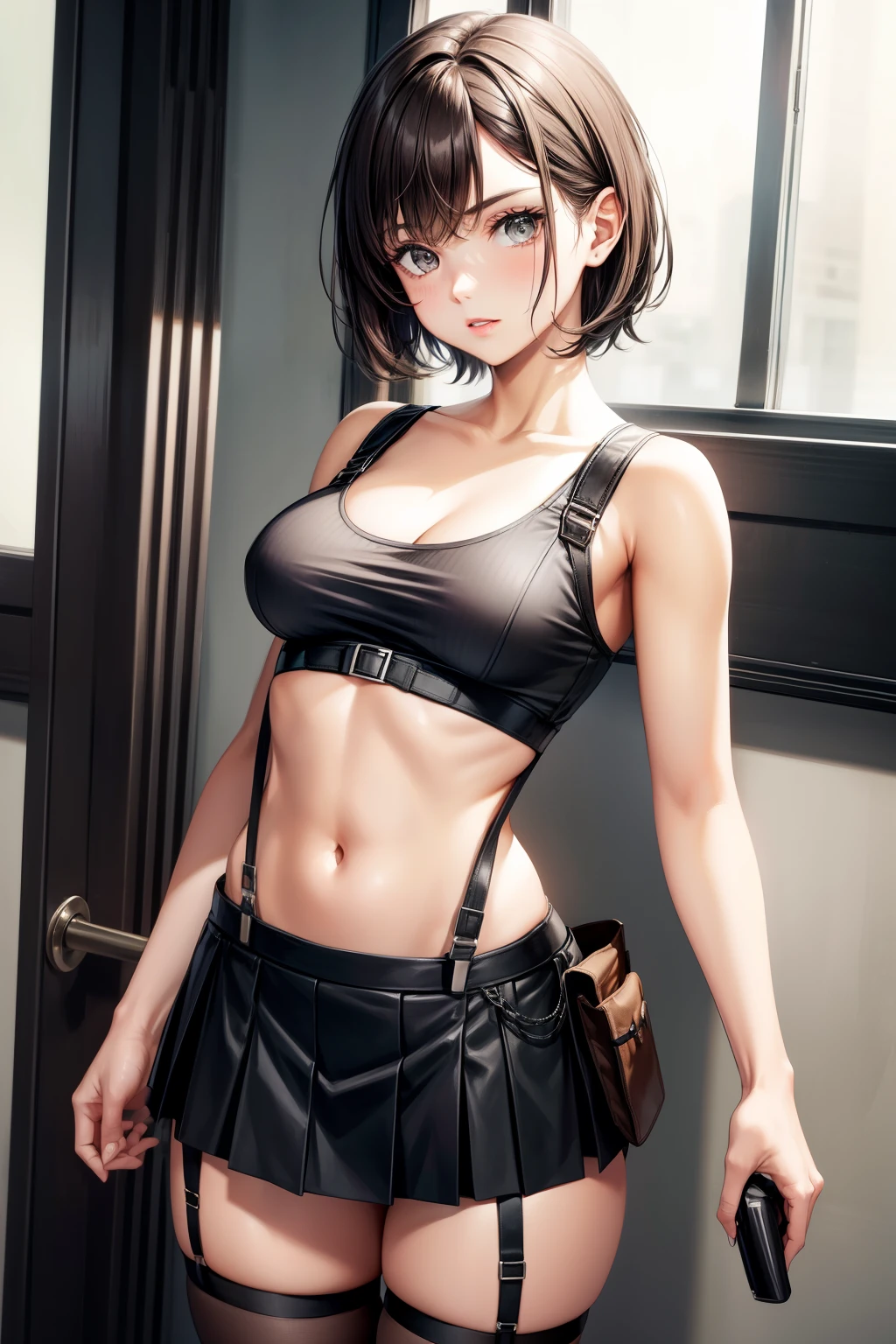 Black skirt, suspenders, Brown hair Gray eyes, Garter belt on the legs, Tight clothes, a belt Armpit sweat deadpan Moderate breasts tank top