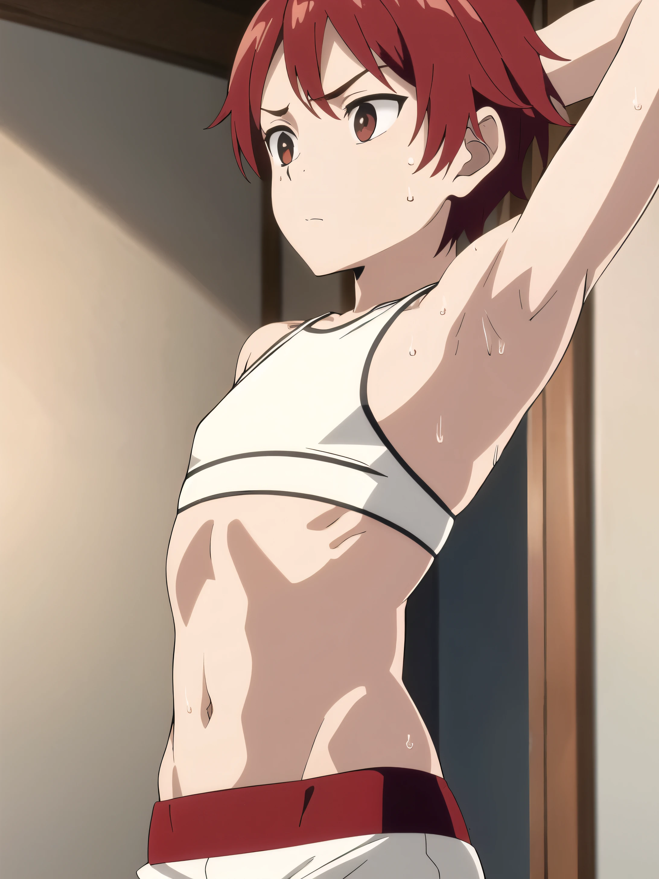 Ultra sharp, Highres, Masterpiece, Best quality at best,Best Quality,hight quality, hight detailed, 1boy, red hair, Shota, Sweat, Bra, Upper body, Depth of field, Anime Screencap Style, Seen from front, He looks cute , (Showing armpit:1.3), (very small and short stature), (very young boy), 12-year-old boys, Blurry beckground