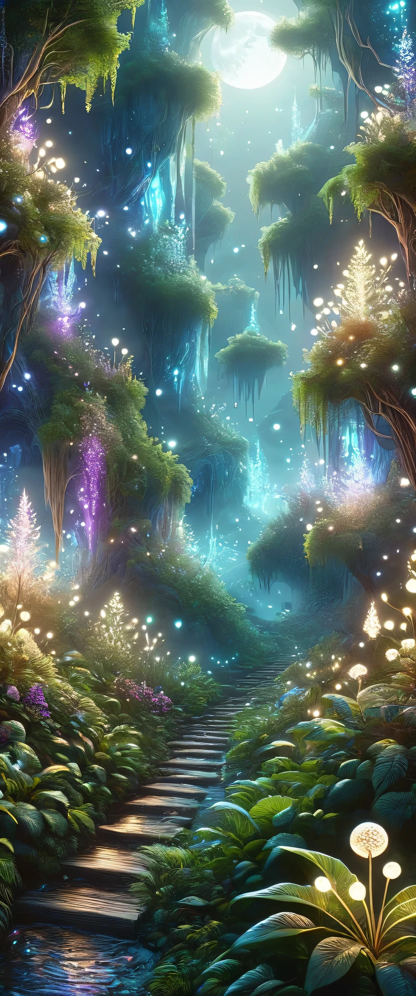 ((duendes: 1.5)), (Obra maestra), (mejor calidad: 1.0), (ultra high resolution: 1.0), detailed illustration, paisaje detallado, bosque , helechos, plantas, vibrante coloers, 8k, noche, nubes lunares, ((magical, hermoso: 1.4 )), ((mejor calidad, vibrante, 32k de luz y sombras bien definidas)).
