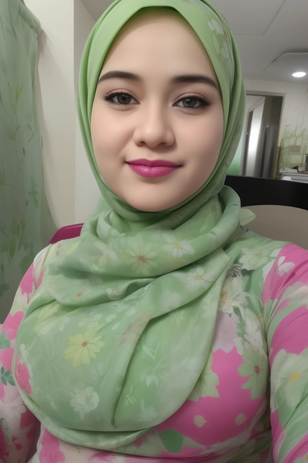 ((HIJAB)), "Oki Setiana Dewi", ("Light Green Hijab Floral pattern Naked"), Chubby Wearing "Lace Floral Pattern Bra" & Short Hairy Pussy, "Facial expression in happy smile", "Light Green", "Light Green Lips", "Bokeh", "Very happy facial reaction", ((FLAT CHEST:1.5))
