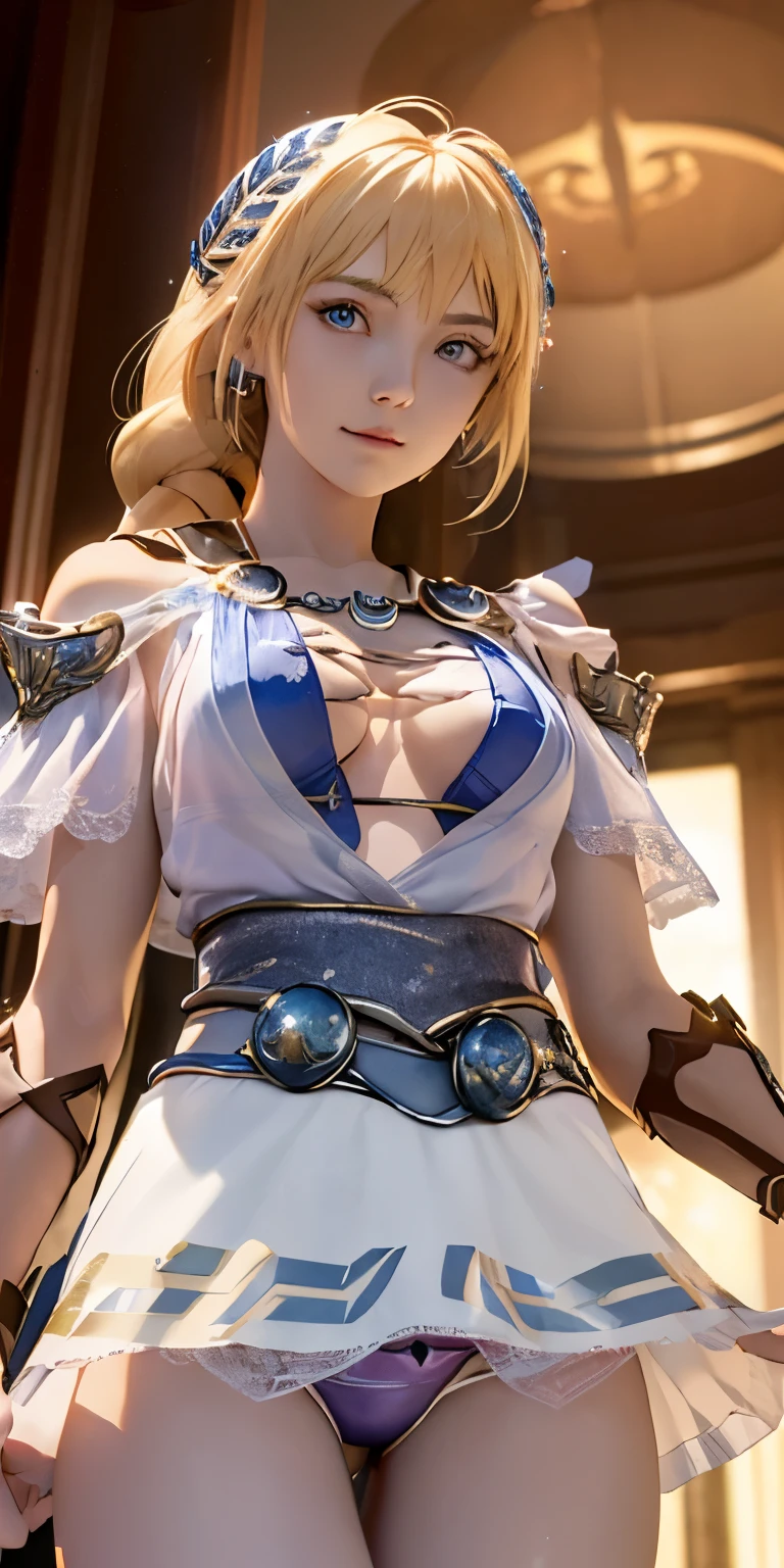 (masterpiece, best quality:1.3), Sophitia Alexandra, Soul Calibur, (from below:1.5), anime, intricate detail, japanese style, 28 years old, look at viewer, gold hair, braid hair, (evil look:1.5), (empty eyes, simple eyes, glowing red:1.5), (showing panties, skirt lift by herself:2.0), (ruins blessed by the god Hephaestus, filled with a mystical air, beautiful stars spread out in a mysterious arrangement in the dark midnight:1.2),