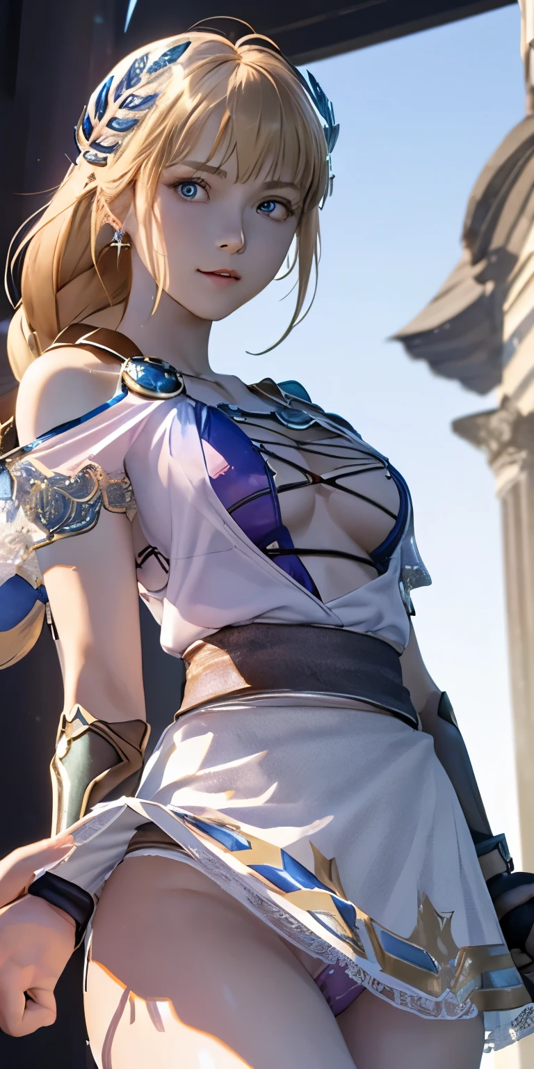 (masterpiece, best quality:1.3), Sophitia Alexandra, Soul Calibur, (from below:1.5), anime, intricate detail, japanese style, 28 years old, look at viewer, gold hair, braid hair, (evil look:1.5), (empty eyes, simple eyes, glowing red:1.5), (showing panties, skirt lift by herself:2.0), (ruins blessed by the god Hephaestus, filled with a mystical air, beautiful stars spread out in a mysterious arrangement in the dark midnight:1.2),