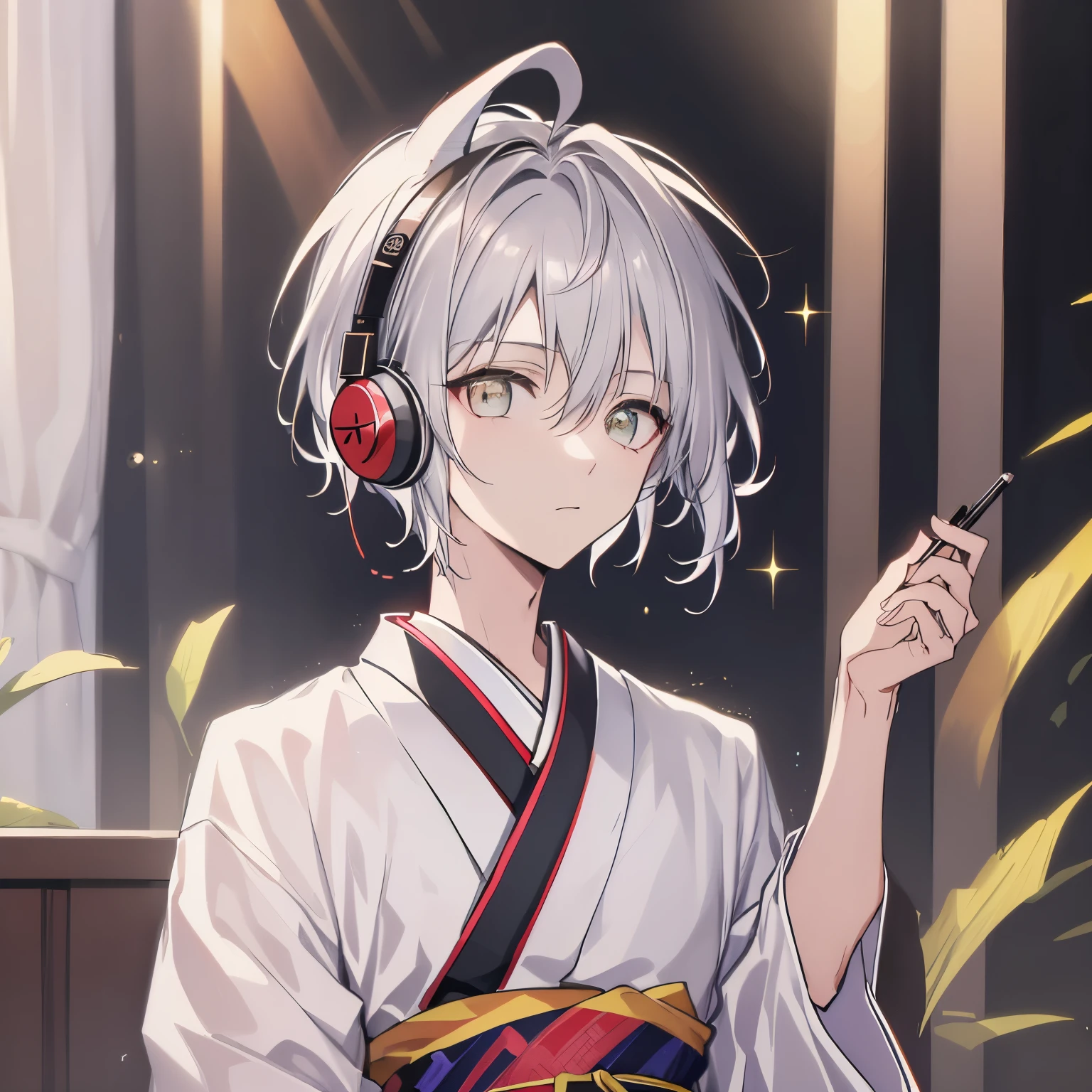 ((best quality)), ((masterpiece)), (detailed), perfect face
masterpiece, highest quality, Spring outfit, Colorful Hair, Upper Body, ((best quality)), ((masterpiece)), (detailed), perfect face boy、((best quality)), ((masterpiece)), (detailed), perfect face ((highest quality)), ((masterpiece)), (be familiar with),、morning、Studying in my room listening to the radio with headphones、Silver Kimono、Silver Hair、Fox's Tail、Fox Ears、Warm lighting、Reading a book、Working、Realistic person with headphones sitting at a table with a laptop, praise boy, praise artstyle, praise art, praise vibes, praise feel, praise hip hop, praise, Chill Hop, praise portrait, praise vibe, praise cores, Anime atmosphere, The aesthetics of the lofi