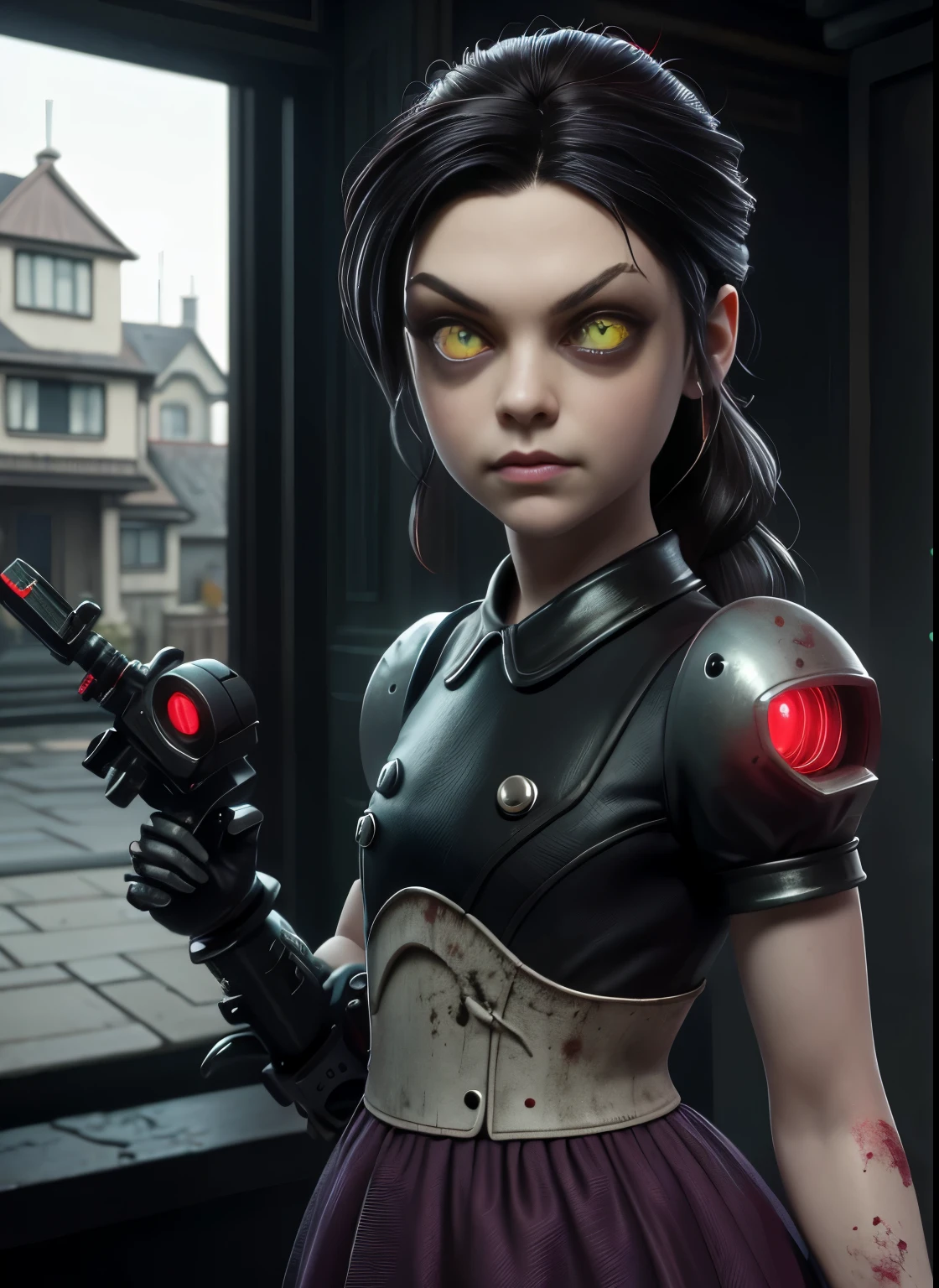 masterpiece, highres, an image of a beautiful cyberpunk  Mila Kunis vampire goth robot, green eyes, red wine hair best quality, 8k, best quality, ultra-detailed,1girl, , 6 , solo, 1girl, lilsis, dirty, blood, blood muddy dress, black hair, dress, horror \(theme\), solo, glowing eyes, creepycute, (house:1.4)