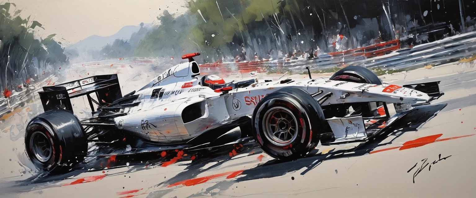Chinese mascara combination, blurring and Formula 1 racing from Wu Guanzhong.. Use (Best quality, perfect masterpiece, Representative work, official art, professional, High detail, Very complex detailed:1.3) to ensure the highest quality. The artwork must demonstrate the dynamic energy of Formula 1 racing, while maintaining the classic style of Chinese ink and wash painting.. Pay attention to the brushwork and create a sense of speed and movement on the canvas.. Must include Formula 1 cars, racing along the track, convey the excitement and intensity of the sport. Use bold and expressive brushstrokes to depict the sleek and aerodynamic forms of the cars. The contrast between light and dark should be used skillfully to create depth and atmosphere.. Incorporate traditional Chinese landscaping elements, Such as mountains., rivers, and the trees in the background add a touch of elegance and tranquility.. Use a limited color palette, emphasis on shades of black, grey, and white, maintain traditional ink and wash aesthetics. Lighting should be dynamic., with highlights and shadows, giving the scene drama and volume. Finally, add intricate detail to every aspect of a piece of art, from cars to surroundings, demonstrate the artist's skill and attention to detail.