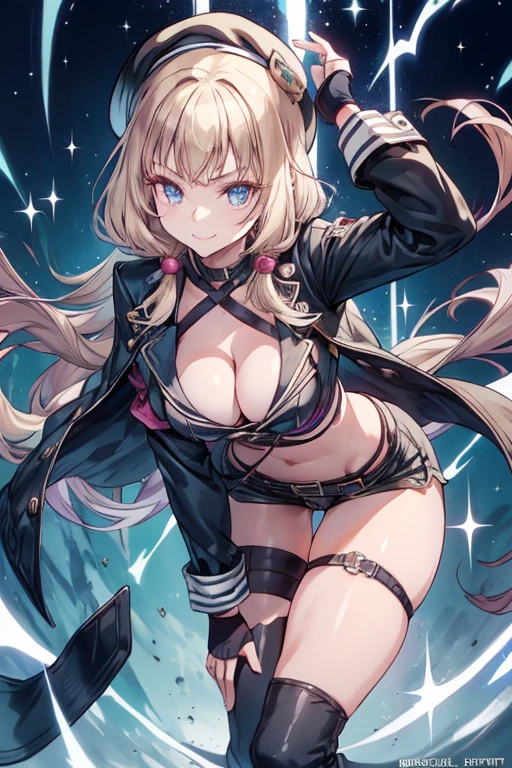 (Thynasha:1.2),dark blue hair,very long hair,hair between eyes,bangs, (miritary beret, black jacket, open clothes, cleavage, midriff, black shorts, black thighhighs, thigh strap, fingerless gloves, single glove:1.2) , (dynamic angle:1.3, front view:1.1, breast focus:1.3, from below:1.2), (dynamic posing:1.5, sexy posing:1.2, leaning forward), (seductive smiling:1.3),(*K) HD, highest quality, WorKs of masters, High resolution, spread legs, panties shot,1 girl, small nose,(with sparkling eyes and a contagious smile), very beautiful detailed face and eyes, bright colors, cute face, delicate beautiful face, Bright magenta eyes, cute eyes, sparkling eyes, Big eyes, (big breasts:1.3), (perky chest:1.1), (pointed chest:1.0), medium hips, glamorous body, white skin, smile, thin pubric hair, shiny hair, super beautiful face, Super beautiful eyes, Super beautiful hair,trendy outfit,sexy and attractive,explosion of colors,big hairpin,full body esbian,illegal occupation, Real World, Natural light,perfect Natural light,looking at viewer,