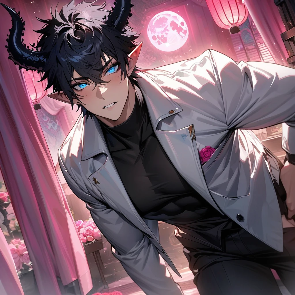 absurdres, highres, ultra detailed, HDR, masterpiece, extremely detailed face and eyes, Ren Zotto, black hair, expressive blue eyes, black horns, pointy ears, Vtuber, solo, sexy man, handsome, pink roses, pink curtains, shining pink lanterns, pink moon, white jacket, black shirt, black pants, patterns