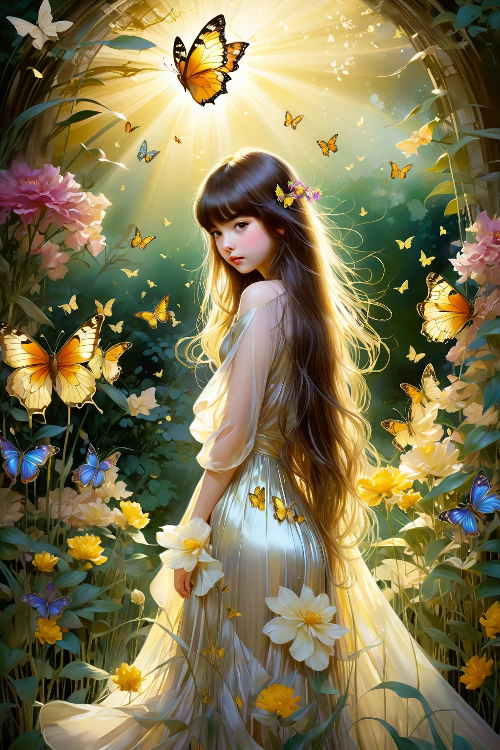 chiaroscuro technique on sensual illustration of an baby girl (((long hair with bangs:1.4、Beautiful bangs) , vintage ,silky dress, matte painting, by John Singer Sargent, by Harumi Hironaka, abstract background, (upper body:1.5), (highres:1.2,realistic:1.37),Girl in a magical garden, fairytale atmosphere, beautiful detailed eyes, long flowing hair, vibrant flowers, butterflies fluttering around, golden rays of sunlight, soft and dreamy color palette, whimsical lighting, enchanting scenery, fantasy ambiance, surreal elements, ethereal beauty.