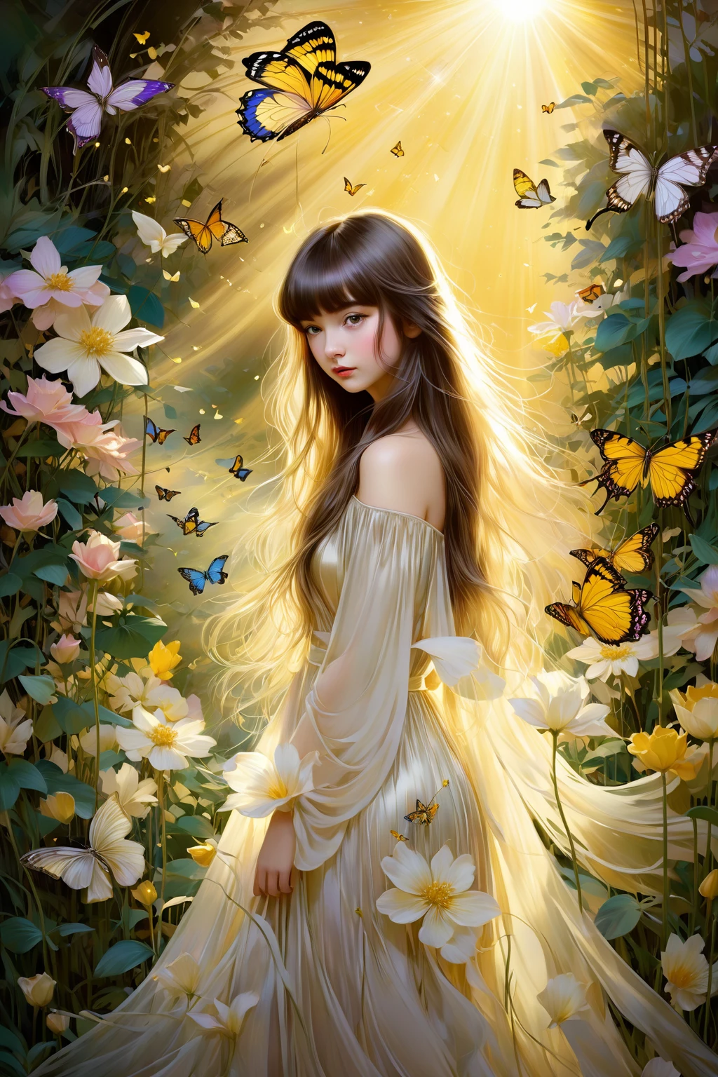 chiaroscuro technique on sensual illustration of an  girl (((long hair with bangs:1.4、Beautiful bangs) , vintage ,silky dress, matte painting, by John Singer Sargent, by Harumi Hironaka, abstract background, (upper body:1.5), (highres:1.2,realistic:1.37),Girl in a magical garden, fairytale atmosphere, beautiful detailed eyes, long flowing hair, vibrant flowers, butterflies fluttering around, golden rays of sunlight, soft and dreamy color palette, whimsical lighting, enchanting scenery, fantasy ambiance, surreal elements, ethereal beauty.