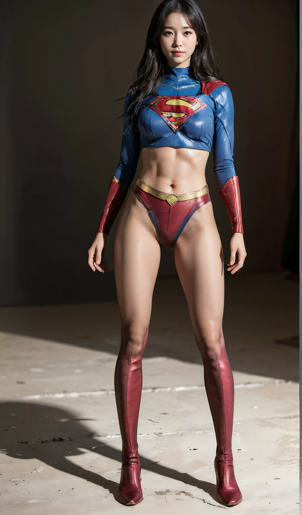 No background、(((Beautiful legs in black tights.)))、(((Legally express the beauty of your smile)))、((((Make the most of your original images)))、(((Supergirl Costume)))、(((Beautiful Hair)))、(((suffering)))、(((Please wear black tights....、Wear red boots)))、((Best image quality、8K))、((highest quality、8K、masterpiece:1.3))、(((Preserve background )))、Sharp focus:1.2、Beautiful woman with perfect figure:1.4、Thin abdominal muscles:1.2、Wet body:1.5、Highly detailed face and skin texture、8K
