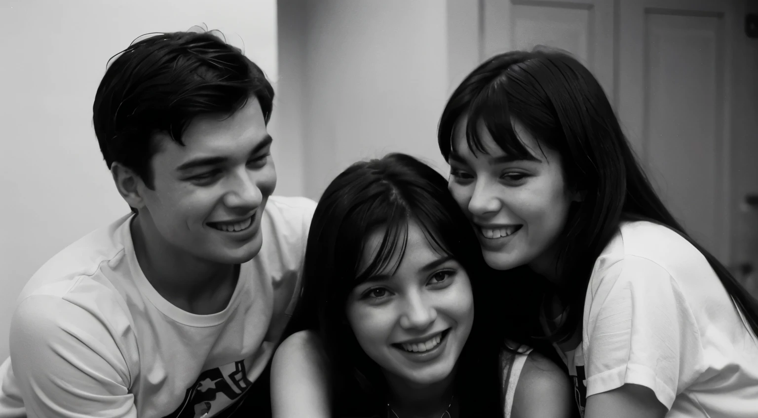 5 people, Russian girls, black hair, Russian guys, chatting, laughing, 1990, black and white photo