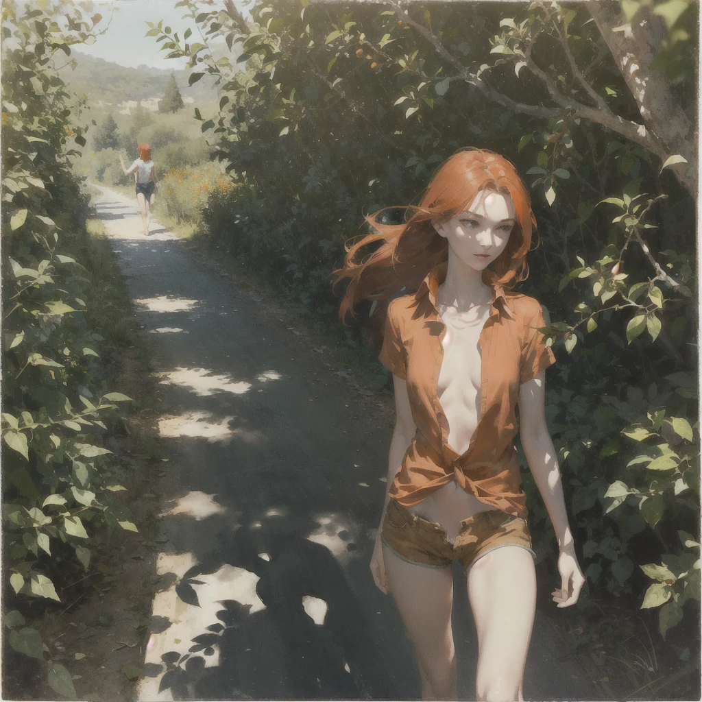 Beautiful slender thin exquisite (nude) girl  with a perfect face of the southern type with red hair with delicate beautiful expressive breasts with tender nipples barefoot with bare hips ((with red pubic hairs)) ((in an unbuttoned open light orange shirt over his naked body and short light orange shorts)) walks along a brick road in the middle of a flowering field, in a gentle watercolor style, Discreet shades, sfumato, haze, diffused dim light, delicate mint shades, imitation of film photography, (olive and grape groves, Brick Road), (High image quality, Maximum detail)