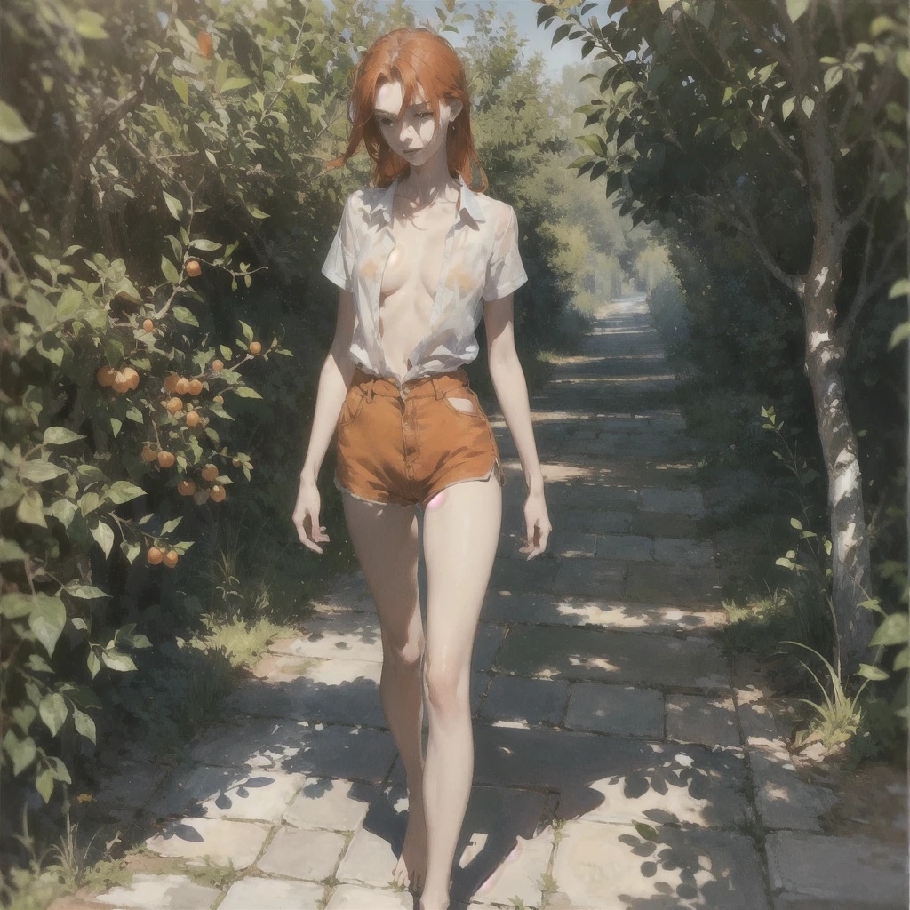 Beautiful slender thin exquisite (nude) girl  with a perfect face of the southern type with red hair with delicate beautiful expressive breasts with tender nipples barefoot with bare hips ((with red pubic hairs)) ((in an unbuttoned, open light green shirt over his naked body and short light green shorts)) walks along a brick road in the middle of a flowering field, in a gentle watercolor style, Discreet shades, sfumato, haze, diffused dim light, delicate mint shades, imitation of film photography, (olive and grape groves, Brick Road), (High image quality, Maximum detail)