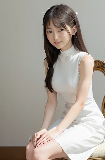 best quality, detailed, beautiful, insanely detailed, absurdres,perfect anatomy,
Japanese female,black hair,27 years old,
(slender),
(small breasts best quality), (full body shot),
palace, laughing, chair,sitting in a chair, arms crossed, single braid, (revealing white party dress:1.2), (A gorgeous room in an ancient castle:1.1),low angle shot, (warm lighting:1.2)