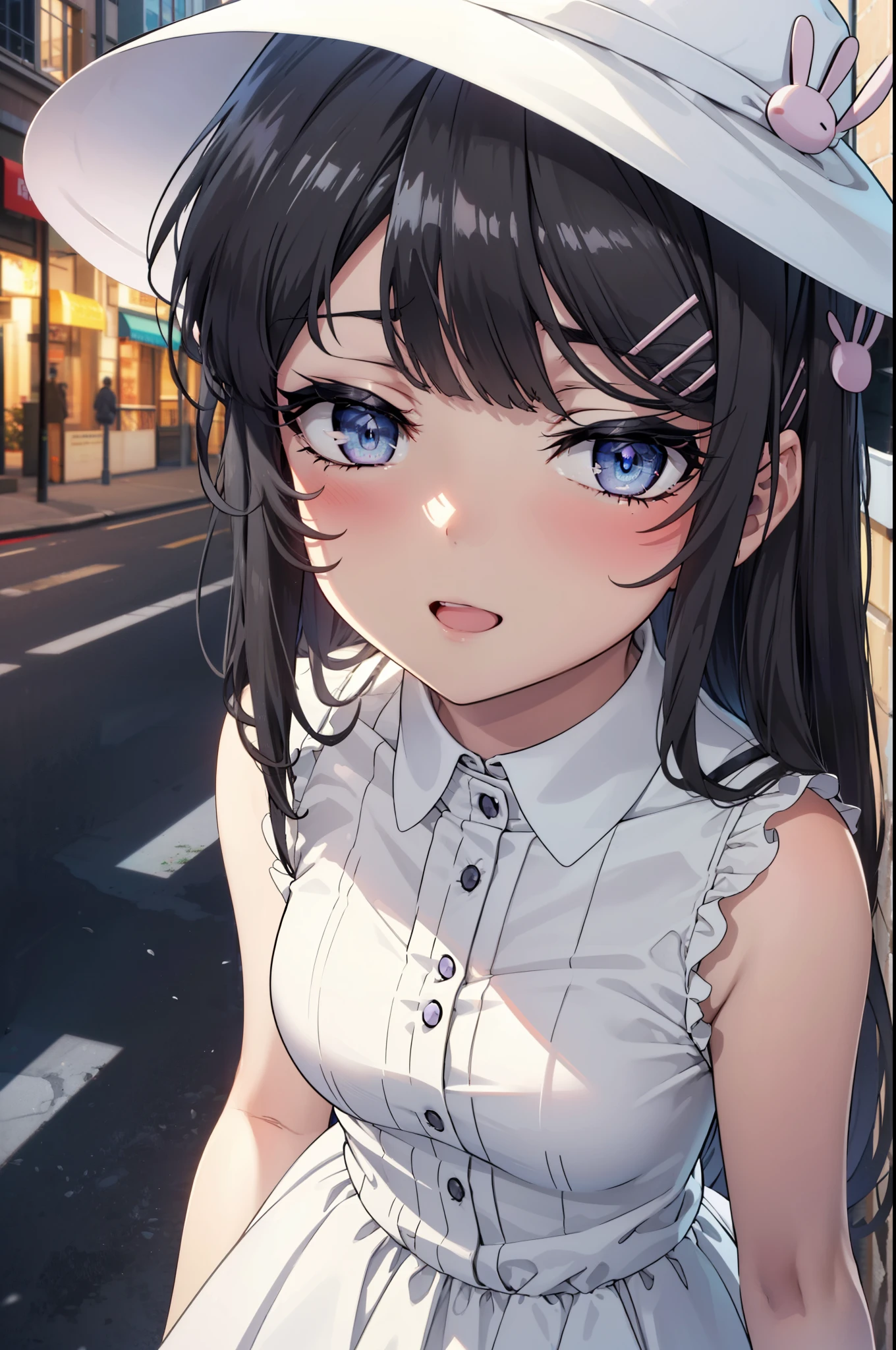 maisakurajima, Mai Sakurajima, Long Hair, bangs, (Black Hair:1.5), hair ornaments, (Purple eyes:1.1), Hair Clip, rabbit hair ornaments,time　Daytime,sunny,Light of the sun,
happy smile, smile, Open your mouth,blush,White hat,Sleeveless dress,Long skirt,Cute heeled sandals,Clear skies,Daytime　　　　　　　　　　　　break looking at viewer,whole body, (Cowboy Shot:1. 5) ,　　　　　　　　　　　　　　　　　　　　break outdoors, Building district,In town, break (masterpiece:1.2), highest quality, High resolution, unity 8k wallpaper, (shape:0.8), (Beautiful and beautiful eyes:1.6), Highly detailed face, Perfect lighting, Highly detailed CG, (Perfect hands, Perfect Anatomy),