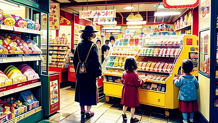 Showa candy shop、Japan candy shop、Sweets and snacks in the store、There are lots of things to play with and play equipment、kite、top、Menco、Marble。Playing、Surprise Ball、pistol、firework、balloon、Beigoma、Model、ミニカなどが並んでいるShowa candy shop、Children and an old woman shopping at a candy store、Children and an old woman shopping at a candy store、Children and an old woman shopping at a candy store、１９６０Around the age of、１９7０Around the age of、 
