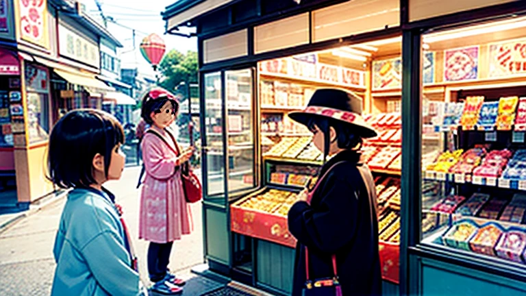 Showa candy shop、Japan candy shop、Sweets and snacks in the store、There are lots of things to play with and play equipment、kite、top、Menco、Marble。Playing、Surprise Ball、pistol、firework、balloon、Beigoma、Model、ミニカなどが並んでいるShowa candy shop、Children and an old woman shopping at a candy store、Children and an old woman shopping at a candy store、Children and an old woman shopping at a candy store、1960Around the age of、1970Around the age of、