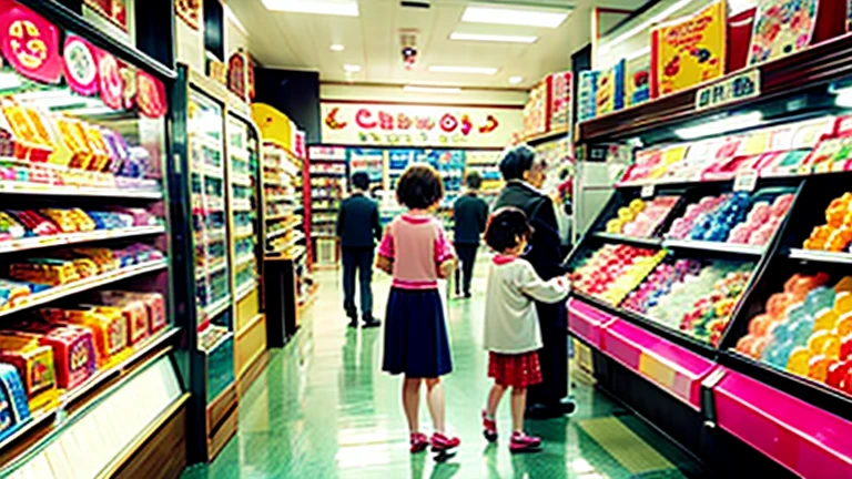 Showa candy shop、Japan candy shop、Sweets and snacks in the store、There are lots of things to play with and play equipment、kite、top、Menco、Marble。Playing、Surprise Ball、pistol、firework、balloon、Beigoma、Model、ミニカなどが並んでいるShowa candy shop、Children and an old woman shopping at a candy store、Children and an old woman shopping at a candy store、Children and an old woman shopping at a candy store、１９６０Around the age of、１９7０Around the age of、 