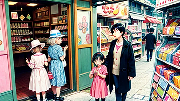 Showa candy shop、Japan candy shop、Sweets and snacks in the store、There are lots of things to play with and play equipment、kite、top、Menco、Marble。Playing、Surprise Ball、pistol、firework、balloon、Beigoma、Model、ミニカなどが並んでいるShowa candy shop、Children and an old woman shopping at a candy store、Children and an old woman shopping at a candy store、Children and an old woman shopping at a candy store、１９６０Around the age of、１９7０Around the age of、 
