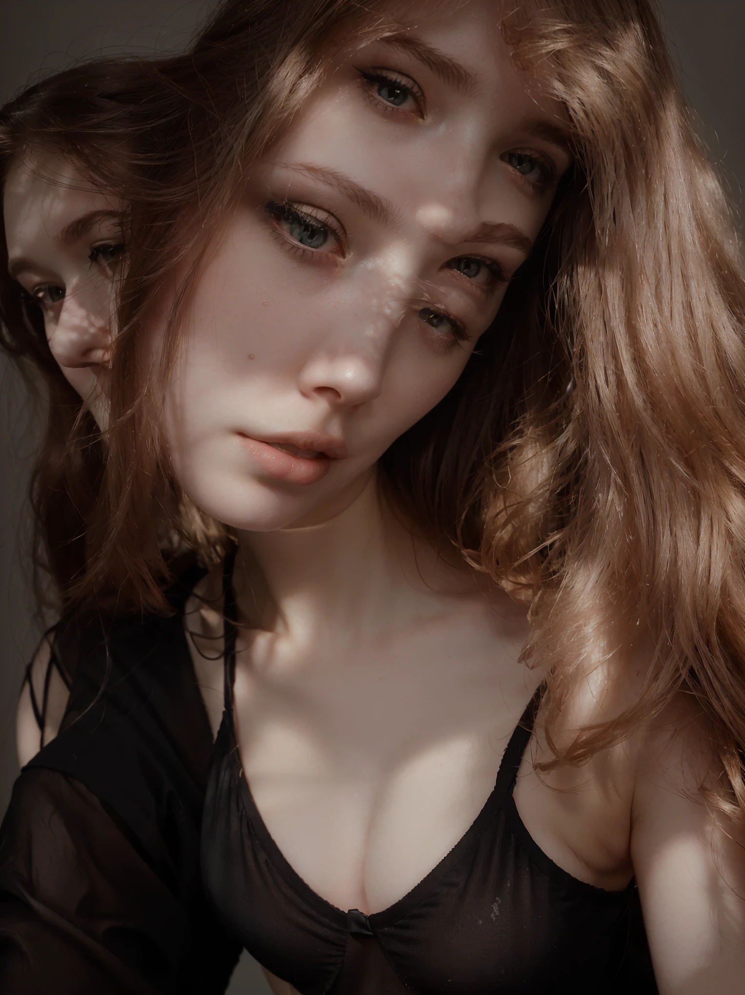 there is a woman in a black bra and a black shirt, 🤤 portrait of a girl, pale glowing skin, 19 year old girl, 18 years, pale light skin!!, about 19 years old, 16 years, with pale skin, Anna Nikonova, aka newmilky, perfect face ), nice young girl, extremely pale, 8K))