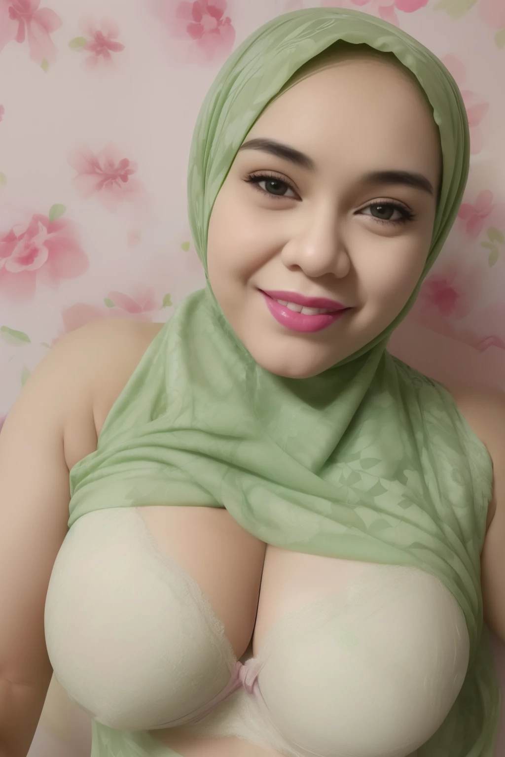 ((HIJAB)), "Oki Setiana Dewi", ("Light Green Hijab Floral pattern Naked"), Chubby ((Wearing Lace Strapless Bra" & Short Hairy Pussy, "Facial expression in happy smile", "Light Green", "Light Green Lips", "Bokeh", "Very happy facial reaction", ((FLAT CHEST:1.5)), ((HUGE BREASTS))